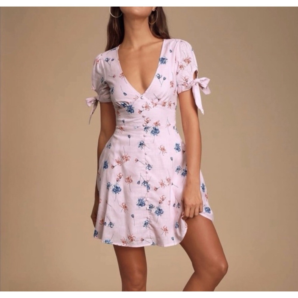 Lulus Lilly Light Pink Floral Print Tie-Sleeve Mini Dress Women Large A Line